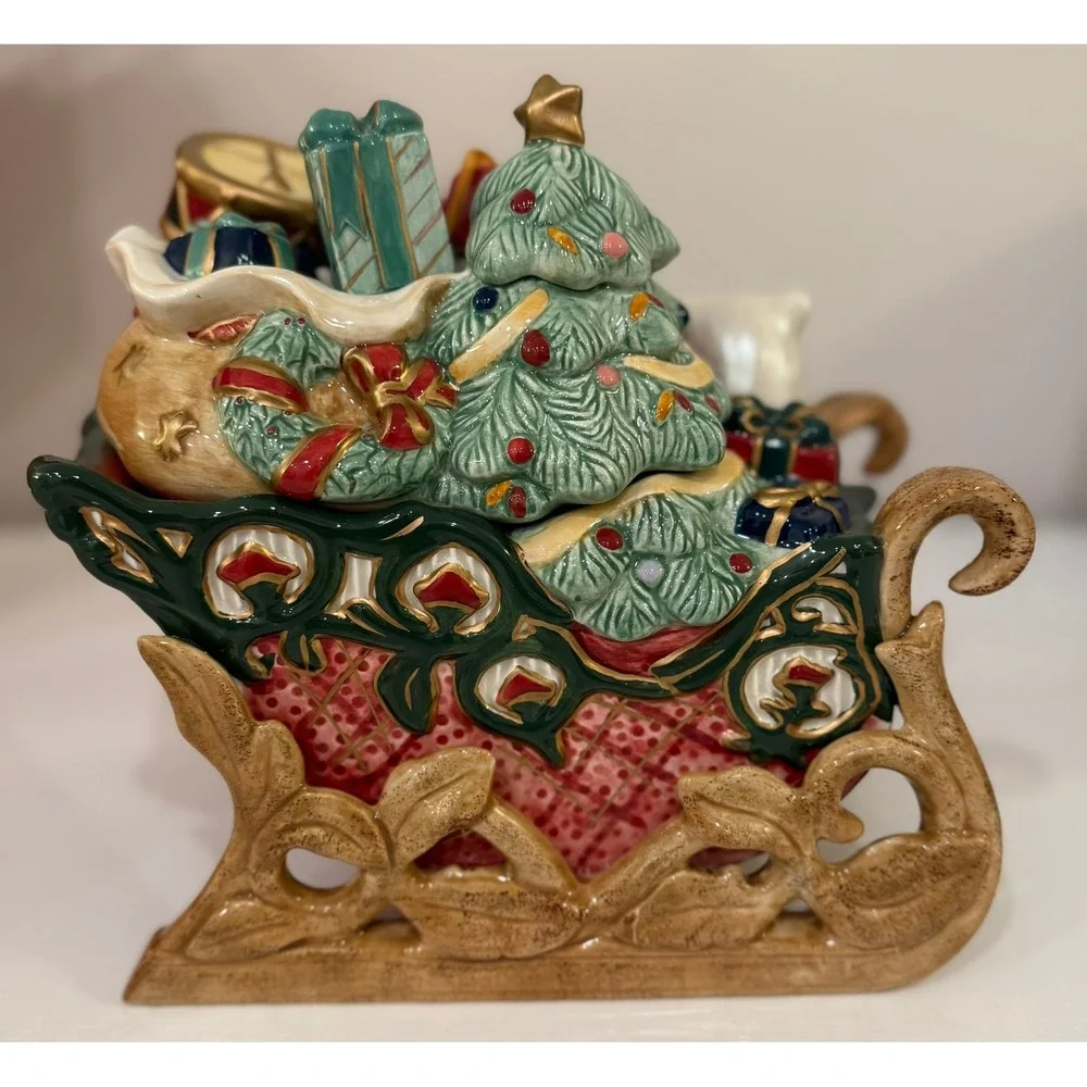 Fitz and Floyd Christmas Tidings Sleigh Candy Dish Polar Bear Presents Tree